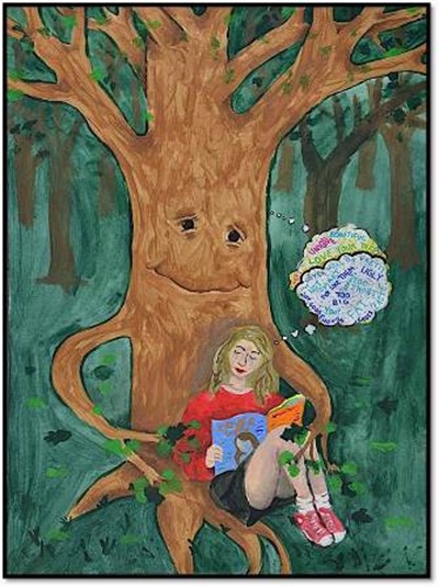 A girl sits beside a tree reading a beauty magazine